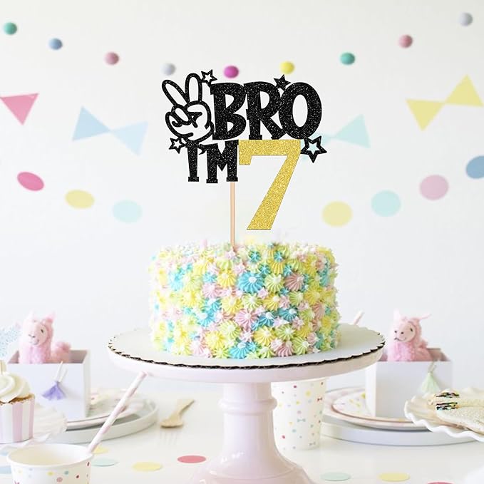 1 PCS Brother I'm 7 Cake Topper Glitter Star Happy 7th Birthday Cake Pick Bro I'm 7 Cake Decoration It's My 7th Birthday Decorations for Boys Cheers to 7 Years Old Birthday Party Supplies Gold