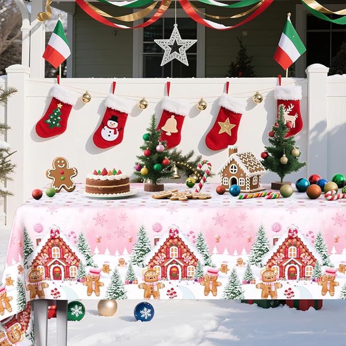 3 Pcs Pink Gingerbread Christmas Tablecloth - Gingerbread Man House Winter Cookie Plastic Table Cover for Family Holiday Decoration - 108 x 54 Inch