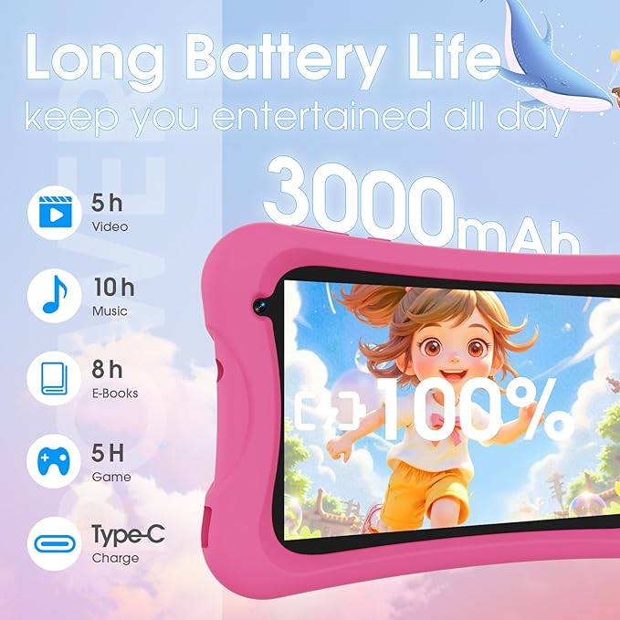 DigiLand 7 inch Kids Tablet, Quad-core CPU, 4GB+32GB+TF Expand,Dual Camera 2MP+5MP,Safety Eye Protection,Education,Tablet for Toddle with WiFi,Games,Parental Control APP,with Proof Case(Pink)