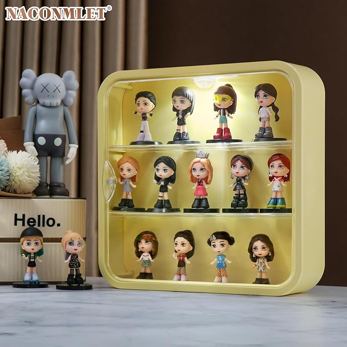 Clear Display Case, Figures with Light, Wall-Mounted Display Cases 3-Layer Storage Box with Door, Dust Proof, Moisture Proof, Suitable for Pop Mart, Collectibles Mini Figures Toys