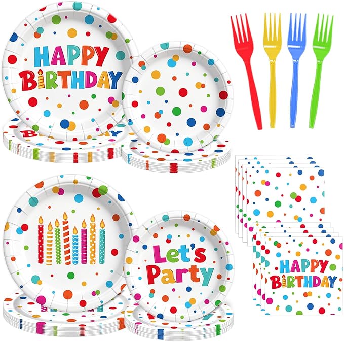96 Pcs Happy Birthday Paper Plates Tableware Set (Serves 24), Birthday Dots Dots Design Supplies Set Include Plates Napkins Forks for Party