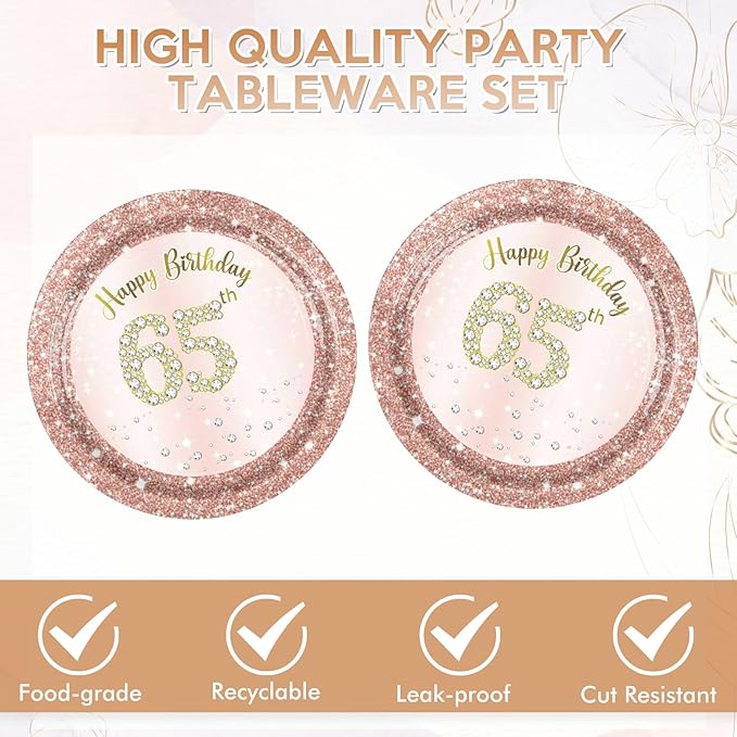 65th Birthday Decorations for Women Rose Gold 65th Birthday Party Paper Plates and Napkins 65 Years Old Table Decorations Happy Sixty-five Years Old Tableware for Woman Vintage 1961 65 Years Party
