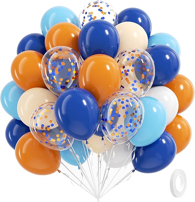 Blue and Orange Balloons, 60pcs 12 Inch Orange Blue White Nude Latex Balloon with Confetti Balloons Ribbon for Baby Shower Graduation Blue Birthday Party Decorations