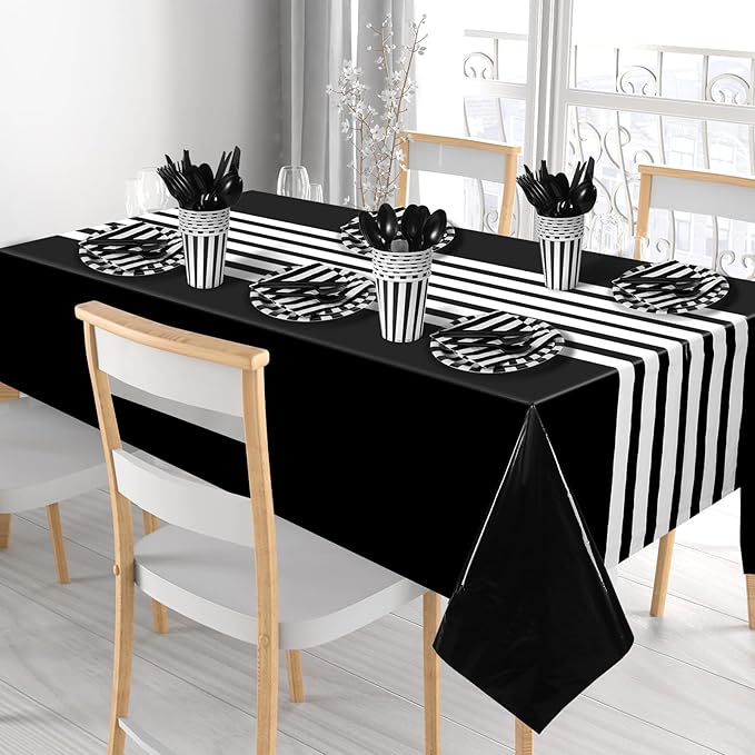 154 Pcs Black and White Party Supplies Black and White Disposable Dinnerware Set Tablecloth Stripe Table Cover Plates Cups Napkins, Knives Forks Spoons Birthday Wedding Decoration