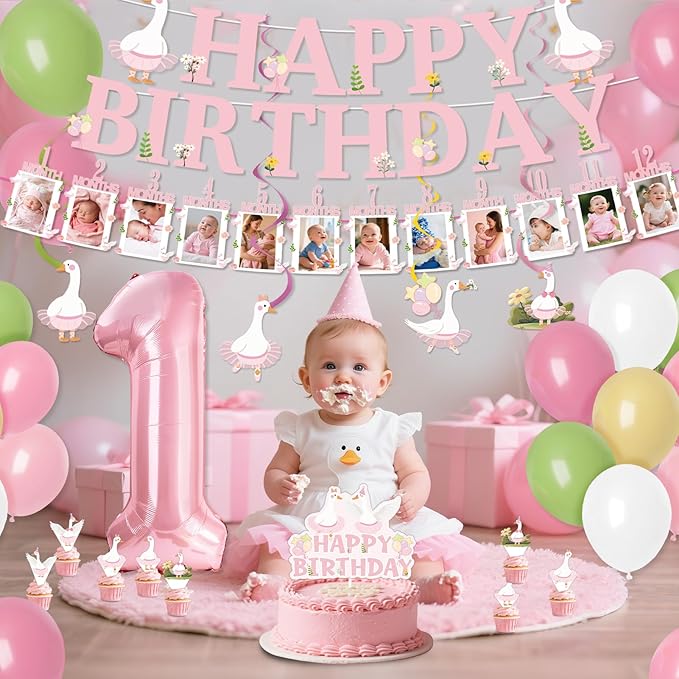 One Silly Goose Birthday Decor 1st Birthday Party Decoration Set For Girls And Boys Pink Bow Silly Goose Decorations With Balloons, Cupcake Toppers, Banner, Tablecloth, Hanging Swirls