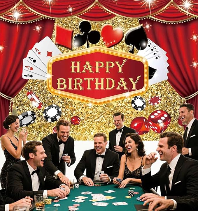 Casino Theme Birthday Party Backdrop Las Vegas Casino Happy Birthday Banner Poker Photography Background for Home Decorations Party Supplies 70.8 x 47.2 Inch