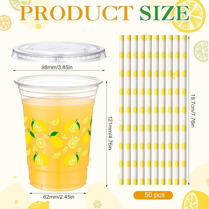 Yungyan 50 Sets 16 oz Lemon Plastic Cups Lemonade Cups with Lids and Straws Disposable Yellow Fruit Ice Coffee Juice Drinking Cup for Lemonade Stand Supplies Birthday Baby Shower Party Decoration