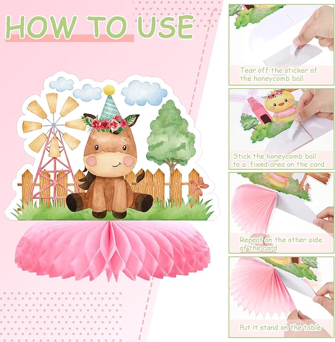 10 Pcs Pink Farm Animals birthday Party Supplies Girl Pink Barnyard Decorations Farm Animal Honeycomb Centerpiece for Table Baby Shower Party Decorations