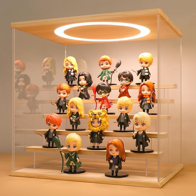 LASOA Acrylic Display Case with Adjustable LED Lights, 6 Tier Clear Display Box for Action Figures and Collectibles, Self-Assembly Showcase with Wooden Base for Miniatures, 15.4x11.8x15inch