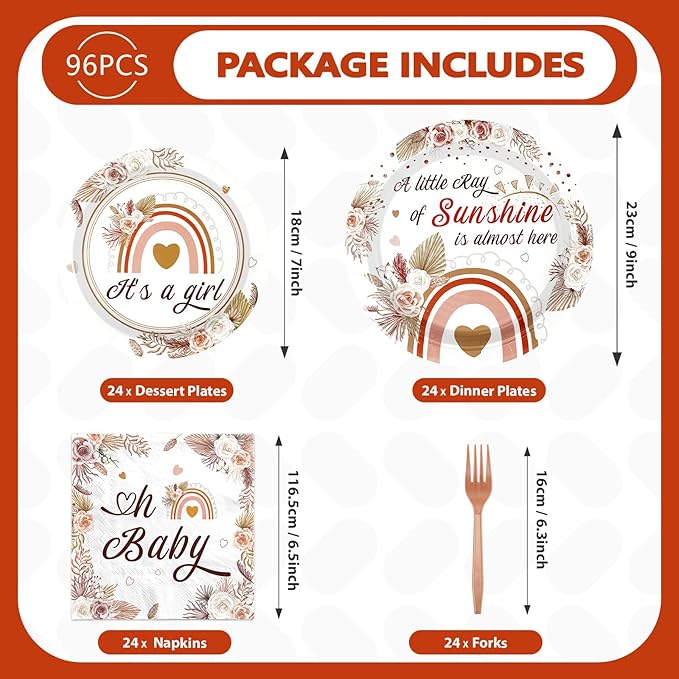 96Pcs Boho Baby Shower Decorations for Girl Boho Rainbow Baby Shower Plates and Napkins Tableware Set A Little Ray of Sunshine Baby Shower Party Supplies for Boho Rainbow Baby Shower Decor Serves 24