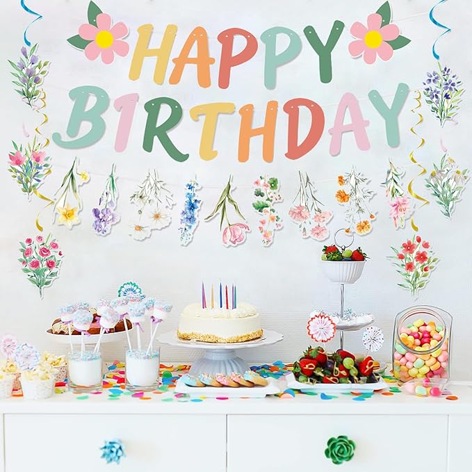 Zwiebeco Multicolored Flowers Happy Birthday Banner Bunting Hanging Paper Swirls Garland Party Decorations for Spring Summer Themed Boys Girls Kids Baby Shower Bday Decor Accessories Supplies