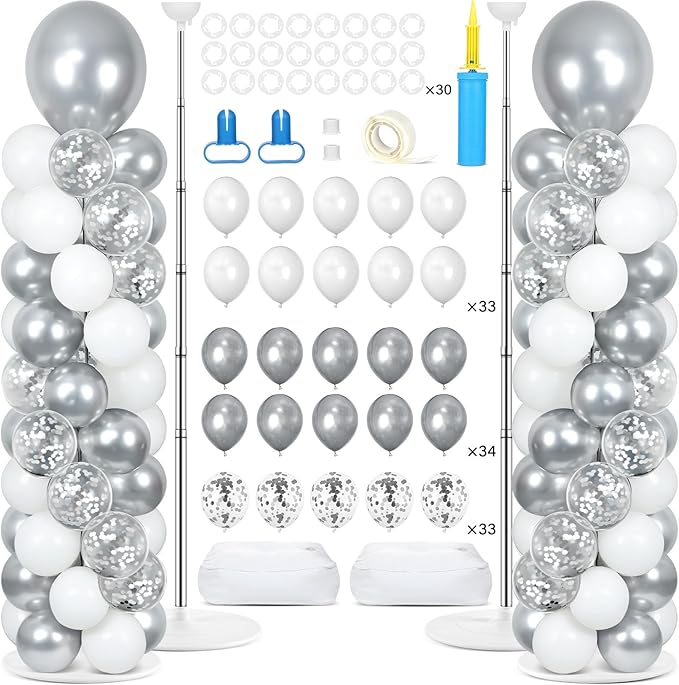 2 Sets Disco Silver White Balloon Column Stand Kit with 100 Balloons Silver Balloon Tower Stand with Bases for Floor Confetti Balloons Column Kit for Wedding Graduation Birthday Disco Party Decor