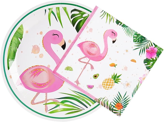 WERNNSAI Flamingo Plates and Napkins Set - Serves 50 Guests 100 PCS Hawaiian Luau Party Supplies Disposable Tableware Set Dinner Luncheon Plates Napkins for Birthday Baby Shower Wedding Party