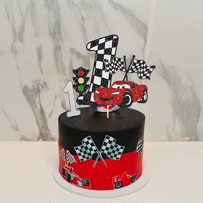 Gyufise 1Pc Car Cake Topper Race Car First Birthday Cake Decorations for Racing Car Checkered Flag Themed Kids Boy Girl Happy Birthday Party Supplies