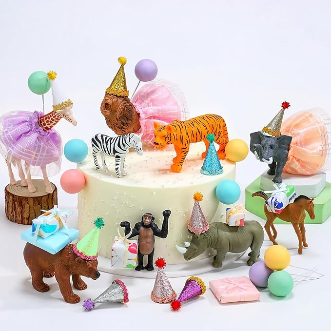 Weysat 41 Pcs Jungle Animals Cake Topper Figures Birthday Party Decorations with Mini Hat and Skirt, Colorful Balls, Jungle Toppers Decoration with Gift Boxes for Wild Animals Themed Party(Forest)
