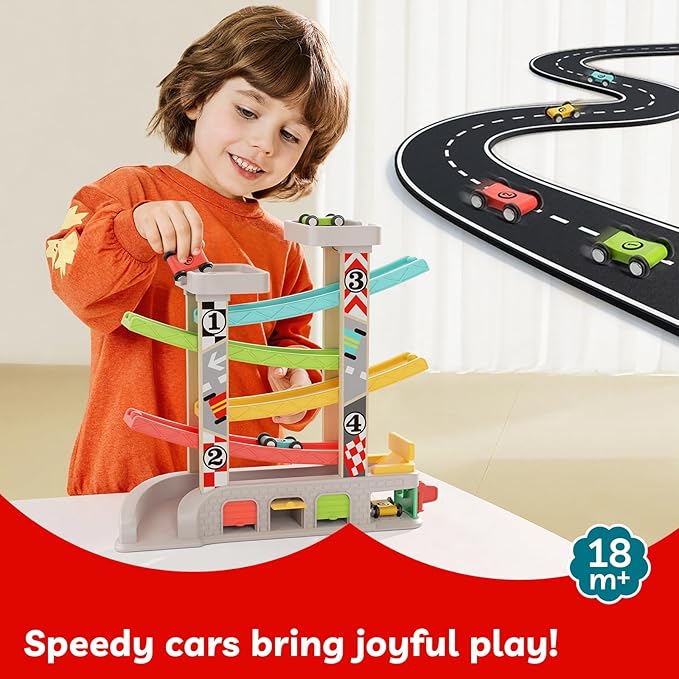 TOP BRIGHT Car Ramp Toys, Race Track Car Toy for Toddler Age 2-4 Year Old Boy with 4 Cars, Parking Lot & Gas Station, Toddler Montessori Toys and Birthday for Boys and Girls