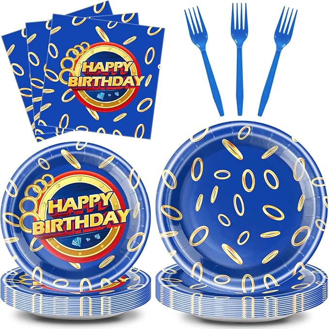 Blue Gold Ring Birthday Plates & Napkins Party Supplies, Blue-gold ring pattern Disposable Happy Birthday Party Tableware Set