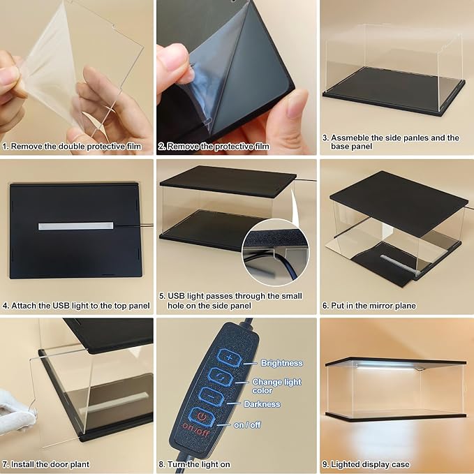 NONEMEY Clear Acrylic Display Case with Remote Control Light for Collectibles, Dustproof Model Showcase Organizer Box, Display Case for Collectibles (13.8x10x6inch,35x25x15cm)