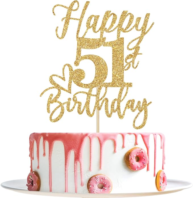 Happy 51st Birthday Cake Topper, 51 Birthday Decorations for Women/Men, Cheers to 51 Years, Hello 51, 51st Happy Birthday Party Supplies Gold Glitter