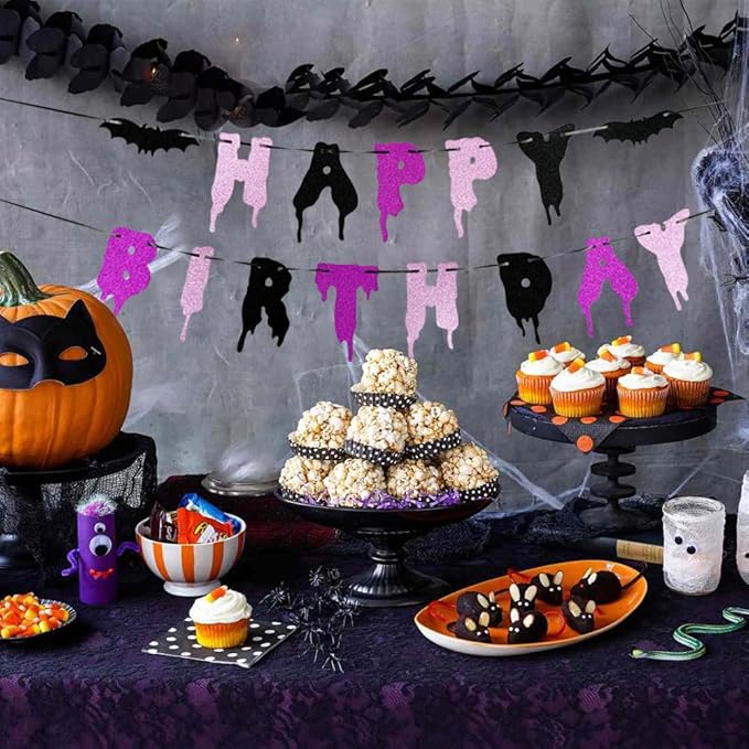Halloween Happy Birthday Banner – Bday Party Decoration, Glitter Bloody Hanging Garland with Spooky Bats, Halloween Theme Party Supplies, Indoor & Outdoor