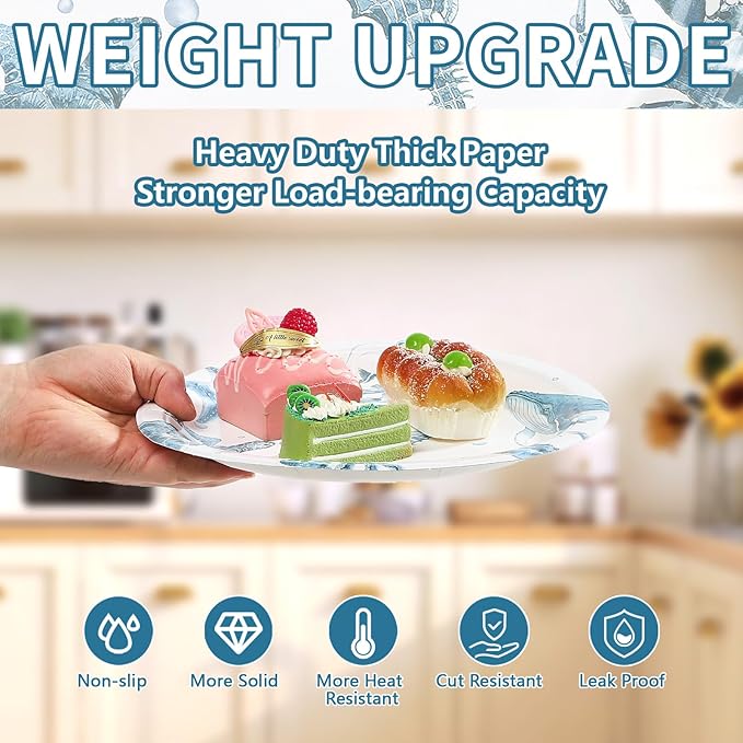 50Pcs Coastal Paper Plates 10 Inch Large Heavy Duty Seahorse Starfish Seashell Platters Blue Ocean Jellyfish Themed Plates for Winter Xmas Beach Holiday Birthday Lunch Dinner Supplies Decorations