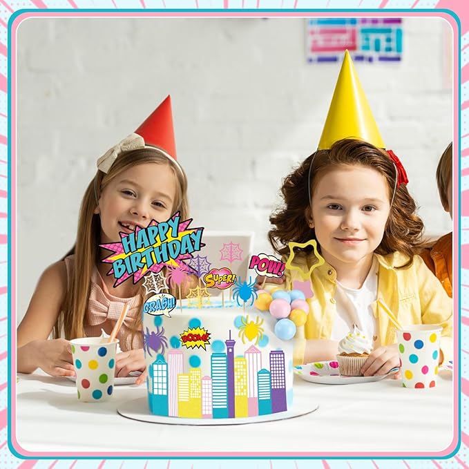 Geelin 61 Pcs Spider Birthday Cake Topper Pink Spider Girl Cupcake Topper Pastel Party Supplies Cartoon Party Decorations Balls Webs Stars City Cake Border Decor for Girls Boys Birthday Baby Shower