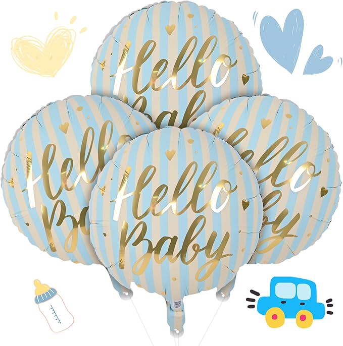 18" Hello Baby Foil Balloons for Welcome Baby Party Decorations, 4pcs Light Blue Cream Gold Mylar Balloons, baby Blue Beige Gold Balloon for Newborn Gender Neutral baby Shower Sip and See Party Decor