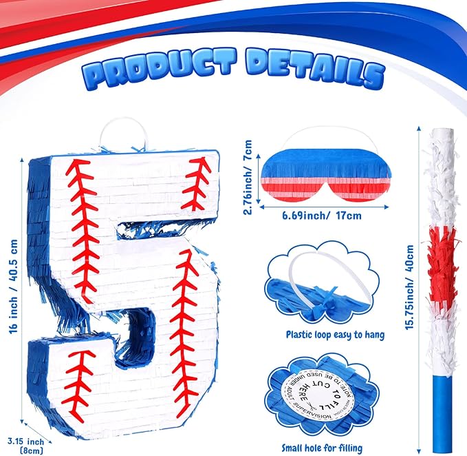 HyDren Baseball Piñata Baseball Party Decorations Number Piñata with Bat, Blindfold and Confetti, 16 Inch Sports Themed Birthday Party Supplies for Celebration Events(Number 5)