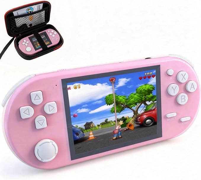 16-Bit Handheld Game Console - 3 Inch HD Screen 300-in-1 Retro Games - Portable Classic Video Game Player for Kids & Adults, Include Protective Carrying Case (Pink)