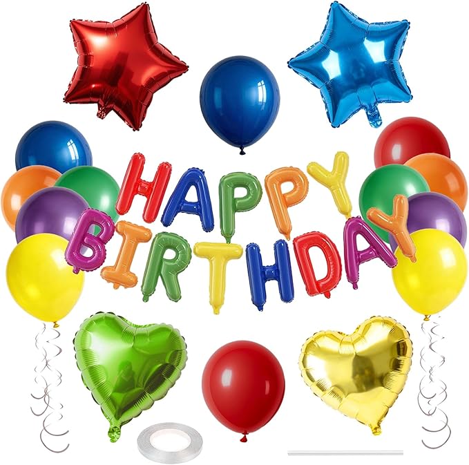 27 PCS Happy Birthday Balloon, Birthday Decorations 3D Foil Happy Birthday Banner 18 Inch Heart - Balloons Pentagram Confetti Balloons 12 Inch Party Decoration Supplies (Colorful)
