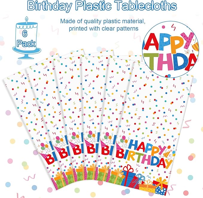 6 Pack Plastic Birthday Tablecloth, 54 x 108 Inch Disposable PE Happy Birthday Party Tablecloths Waterproof Rectangle Party Table Cover for Birthdays Parties Decor