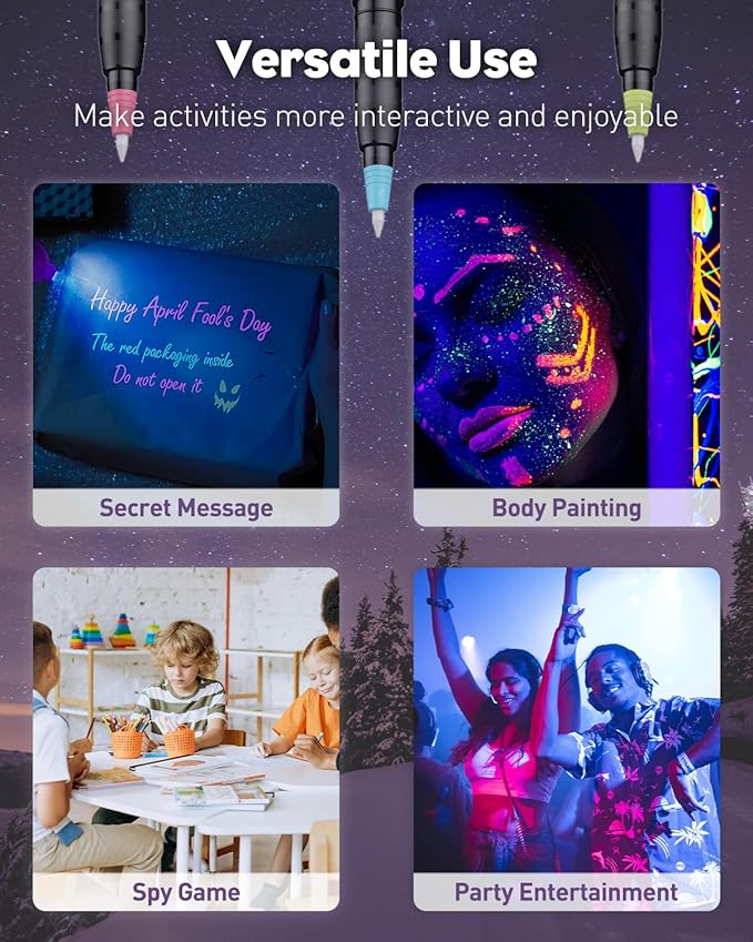 Uniclife 3 Pcs Invisible Ink Pen with 3 Pcs UV LED Keychain Flashlight, Spy Pen, Disappearing Ink Magic Pen for Secret Notes, Magic Spy Marker with Purple Light for Christmas Halloween Holiday Present