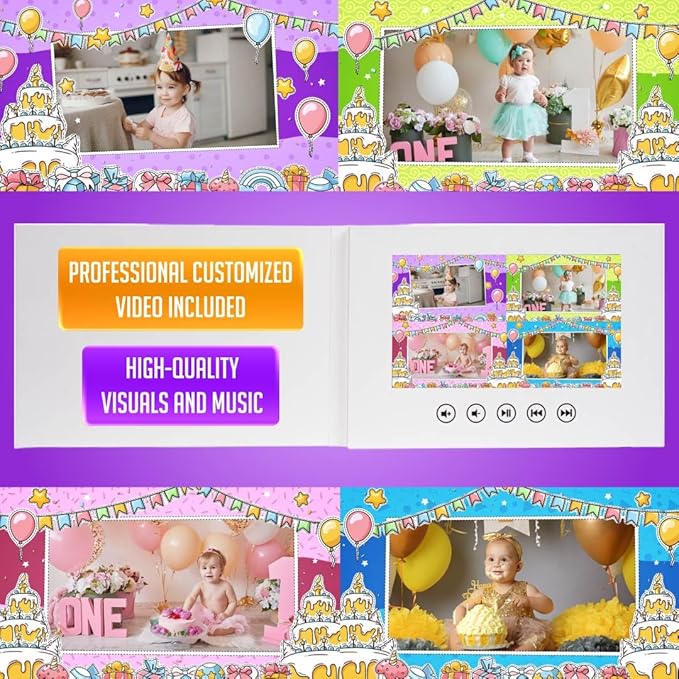 Custom Newborn Birthday Video Greeting Card – Personalized Slideshow Gift with Photos – Cute Keepsake for Babies – 7” IPS Screen, 8GB Storage, USB Charging, Up to 3 Hours of Video