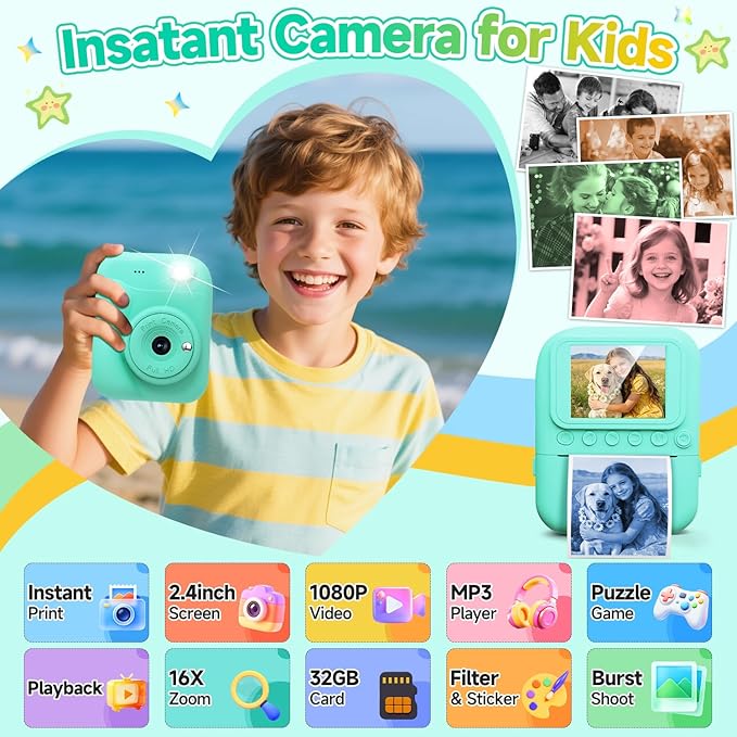Kids Camera Instant Print Camera for Kids, Toddler Camera Toys for 3 4 5 6 7 8 Year Old Girls Boys Christmas Birthday Gifts, Kids Digital Camera Instant Print Color Photos 5 Rolls Paper 32GB, Green