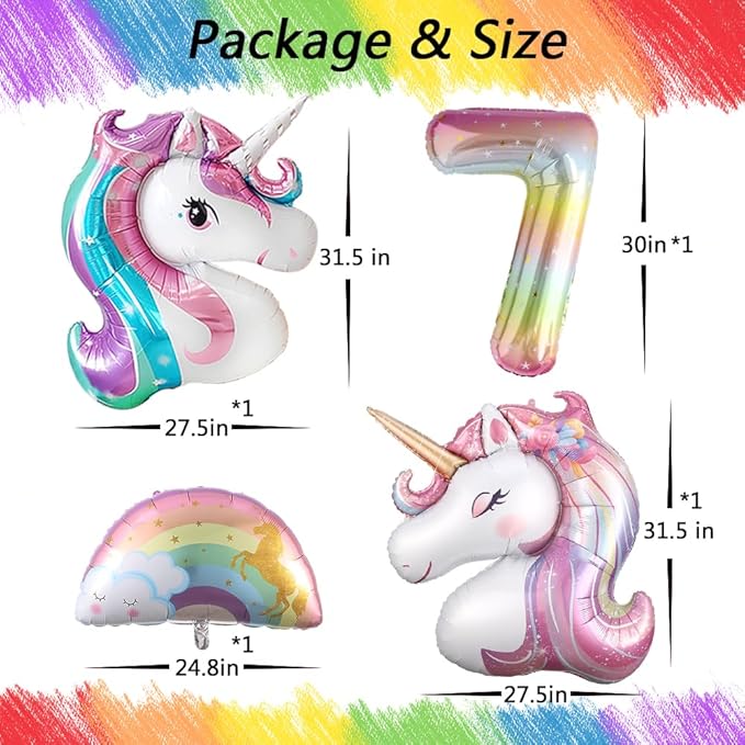Unicorn 7th Birthday Party Decorations for Girl Purple Pink Theme Balloon Set, Large Rainbow Unicorn Helium Balloons with Heart and Star Baby Shower Kids Supplies (number 7 set)