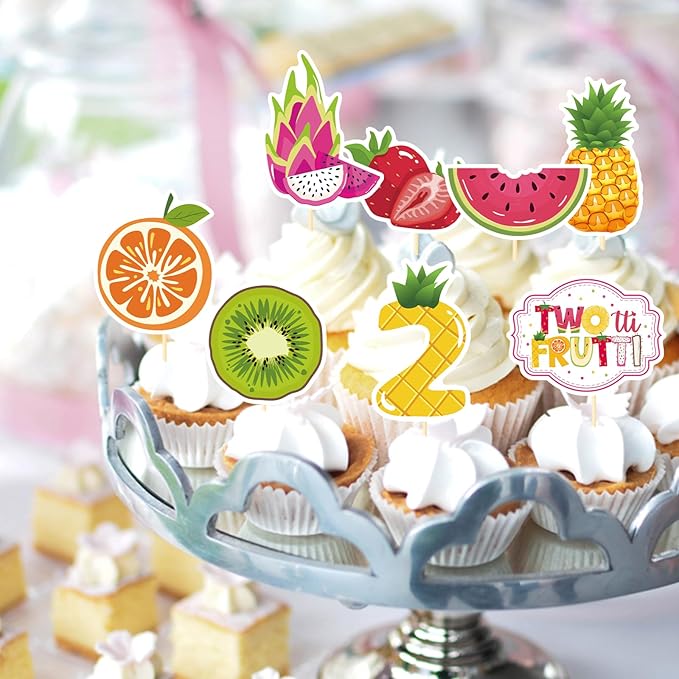 Twotti Fruity Birthday Decorations - 40PCS Tutti Frutti Cupcake Toppers 2nd Bday Decorations for Girl Fruit Themed Cupcake Picks Party Supplies Strawberry Watermelon Second Birthday Decor