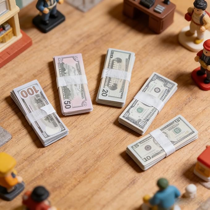 500PCS 1:12 Miniature Scene Dollars Set, 5 10 20 50 100 Fake Bill Prop Money, Realistic Tiny Mixed Denominations Stacks for Dollhouse Accessories