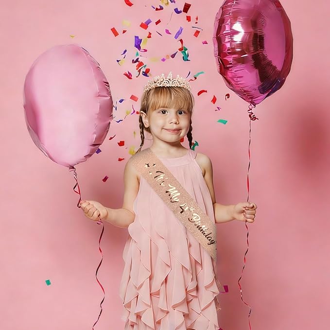 Semato 4th Birthday Decorations for Girl Sash and Crown Kit Rose Gold 4 Year Old Girl Birthday Gifts for Her Party Supplies