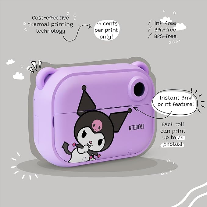 kiimento Sanrio Licensed Instant Print Digital Camera, Best Travel Buddy Kuromi, 2.4” HD Screen, Ink-Free B&W Printing, Selfie Lens, 1080p Video, 32GB Memory Card (Model P)