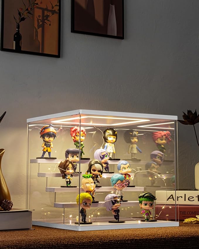 Clear Acrylic Display Case with Light , 5 Tier Display Box Stand Assembly Dustproof Protection Showcase for Collectibles Action Figures (White 12.6×12.2×11.8in; 32×31×30cm)