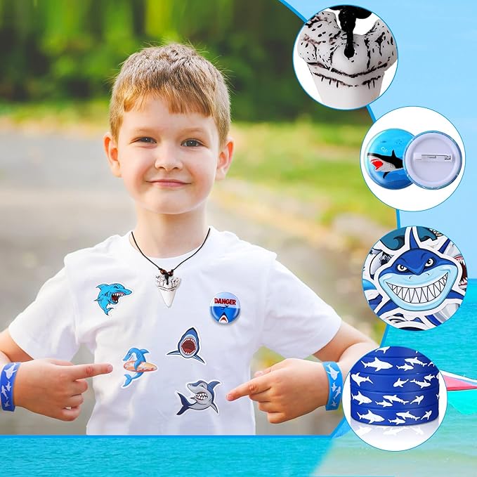 Jerify 110 Pcs Shark Party Favors Keychains Tooth Necklaces, Silicone Bracelet Wristbands Button Pins Gift Bags and Stickers for Birthday Shark Party Supplies Ocean Sea