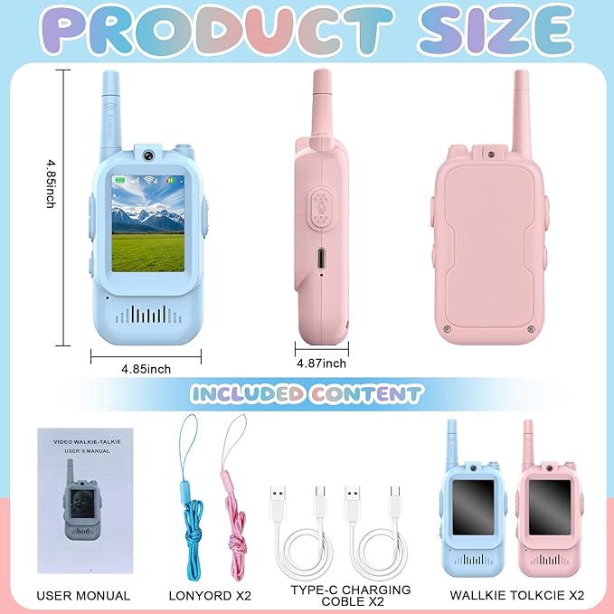 Kids Video Walkie Talkies 2 Pack, Rechargeable with HD Screen & 4 Voice Changers, Long Range Two-Way Radios Toys for Indoor-Outdoor Camping, Gifts for Boys Girls Ages 3-8 (Blue/Pink)