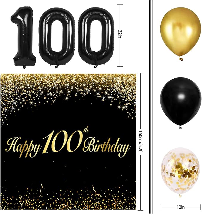 Happy 100th Birthday Balloons Black Set Decor - Cheers to 100 Years Old Party Theme Garland Banner Backdrop Decorations For Women and Men Supplies