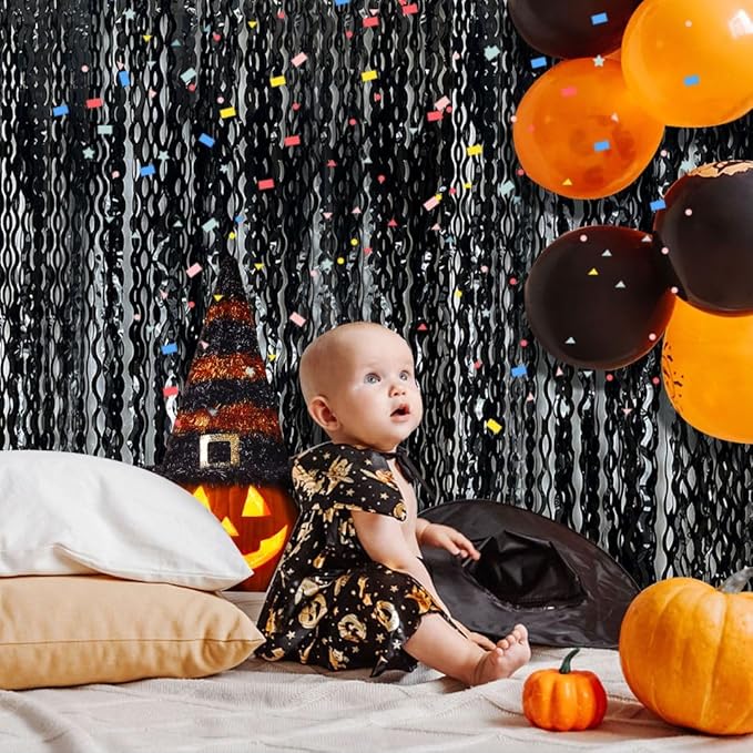 Black Backdrop for Party Decorations, Wave Foil Fringe Curtain Tinsel Photo Backdrop Black Streamers Tinsel Curtain for Birthday Wedding Bachelorette Christmas Celebration Party Decorations