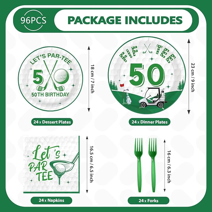 96Pcs Golf 50th Party Decorations for Men Golf 50th Birthday Paper Plates and Napkins Sets Sports Theme Decoration for Golfer Fans Fifty 50 Years Old Party Supplies Serve 24
