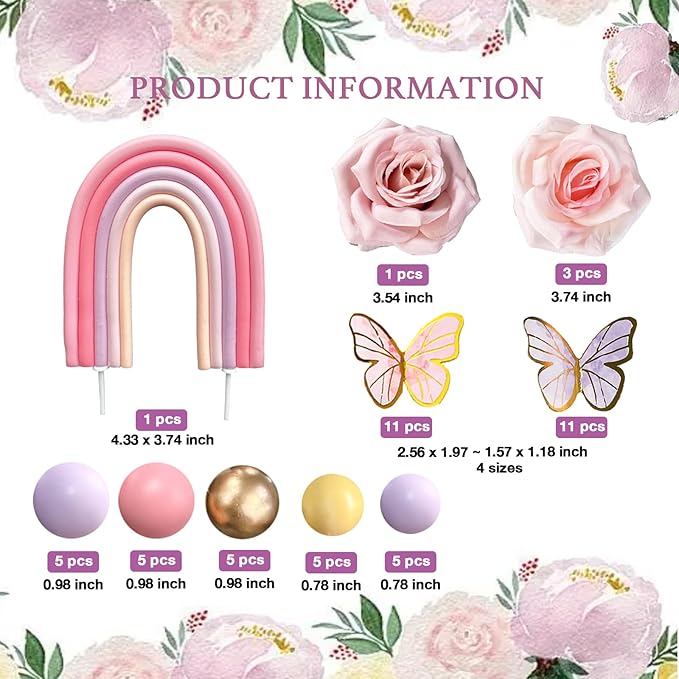 52Pcs Rainbow Cake Topper Butterflies Cake Decorations with Colorful Balls Flower Cake Toppers for Women Girls Kids Birthday Baby Shower Wedding Rainbow Flower Butterfly Themed Party Supplies