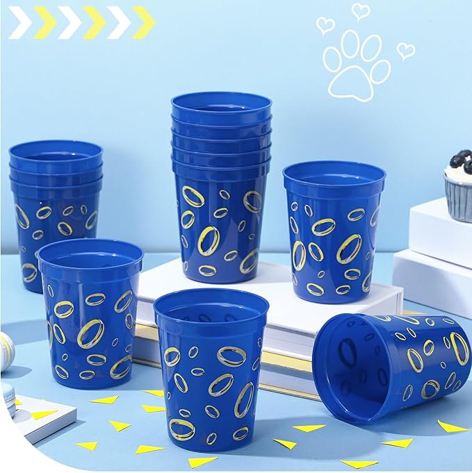 Qinyoung 24 Pcs Blue with Gold Ring Print Themed Birthday Party Supplies Plastic Cups Reusable 16oz Cups for Cartoon Theme Birthday Party Holiday Events Decoration Favors