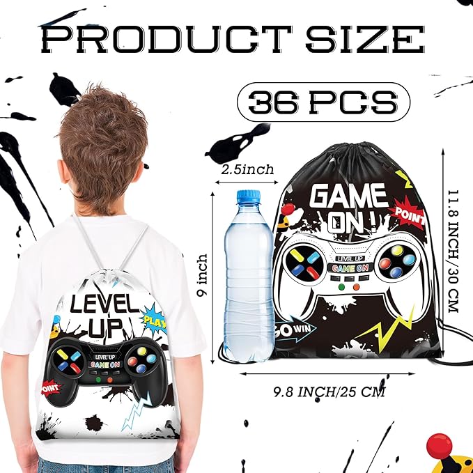 Eccliy 20 Pcs Video Game Party Favor Bags Gamer Birthday Party Drawstring Bags for Kids Boys Girls 12 x 10 Inch Gaming Goodie Treat for Game on Theme Decorations Supplies(Black, White,Vivid Style)