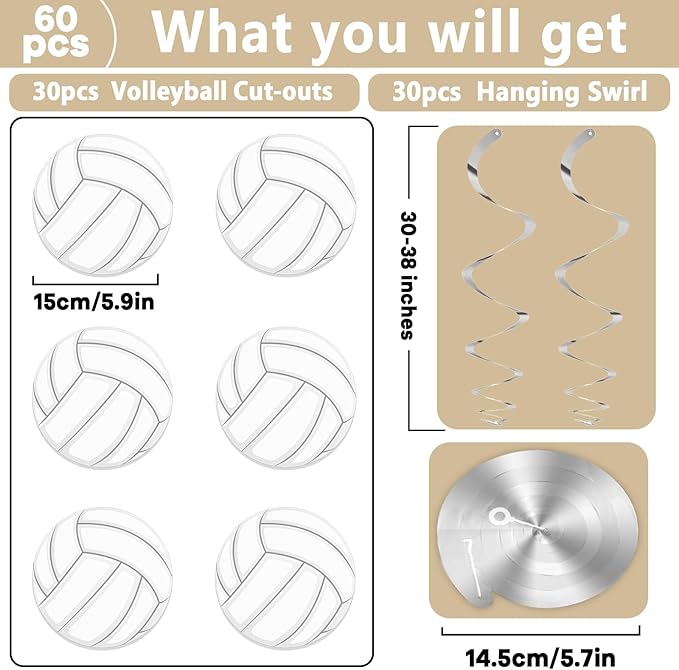 60pcs Volleyball Party Decorations Volleyball Value Foil Swirl Ceiling Hanging Decor Volleyball Sports Cutouts Party Supplies for Sports Birthday Baby Shower Party Favor Indoor Home Office Decor