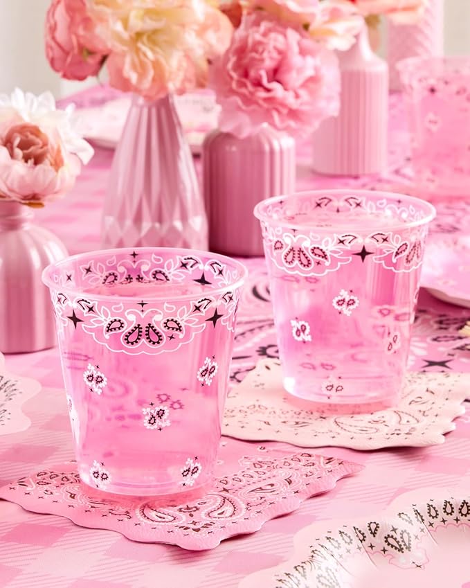 xo, Fetti Cowgirl Plastic Cups - Set of 16, 12oz | Western Party, Pink Cowgirl, Rodeo Cups, Bandana Print, Girls Birthday, Boot Decorations